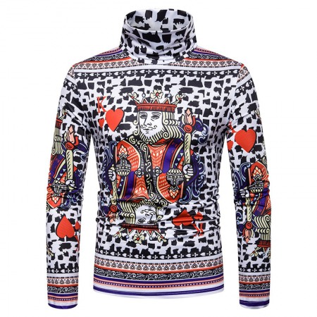 New Men's Large Size 3D Playing Cards Printing High Neck Long Sleeve T-Shirt Bottoming Shirt